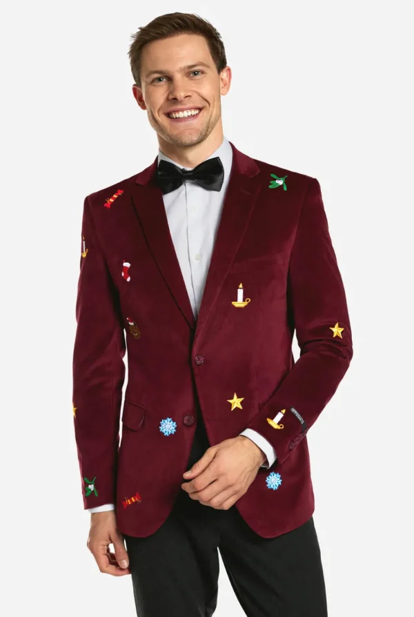 Men OppoSuits Christmas Blazers^Christmas - X-Mas Icons - Deep Burgundy